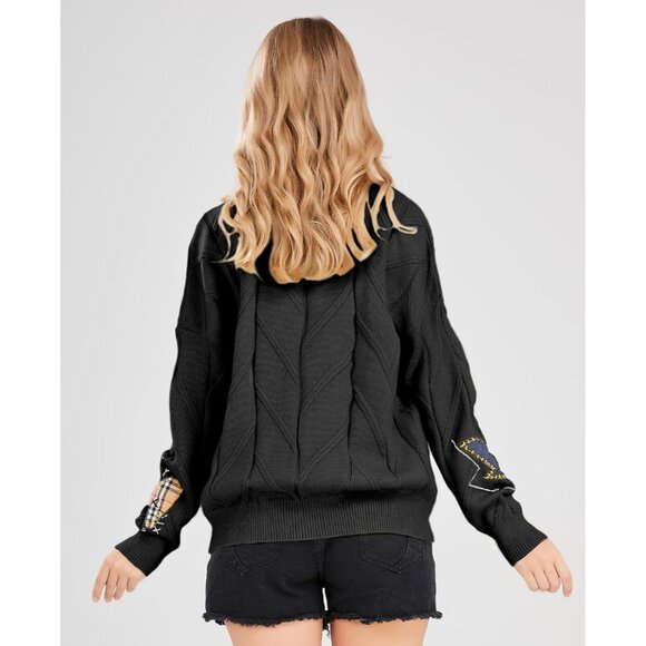 Womens Cable Knit Long Sleeve Open Front Sheep V-Neck Button Embroidery Sweater - Picture 3 of 4